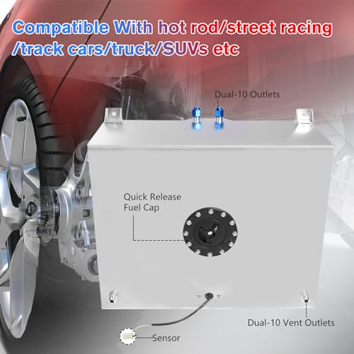 Dexepe Universal 20 Gallon 80L Fuel Cell Polished Aluminum Fuel Tank with Cap/Level Sender/12FT Oil Feed Line Silver
