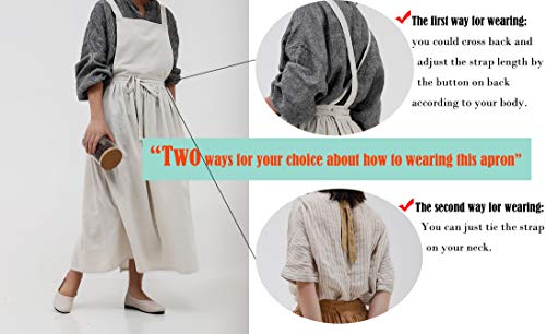 Losofar Pleated Cotton Long Apron X Back Kitchen Garden Florist Work Clothes Bib Dress (Brown, 38.5X34.6In) #TOP6