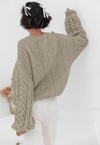 Image of PRETTYGARDEN Womens Sweaters Spring 2026 Cable Knit Long Sleeve Crewneck Oversized Sweater Chunky Pullover Loose Outfits