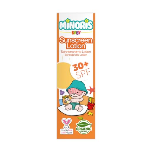 Minoris Baby Loción Solar Mineral para Bebés y Niños, SPF 30+ Orgánica y Natural, Protección UVA/UVB, Para Piel Sensible | Vegana, Hipoalergénica, Resistente al Agua, Dermatológicamente Testada 150 ml