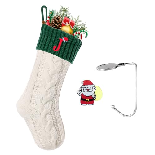 Christmas Stockings with Initials, Personalized Embroidered Monogram 18 Inches Knitted Christmas Stockings Fireplace Xmas Stockings for Kids,Family Holiday Party Decoration White Green Letter J
