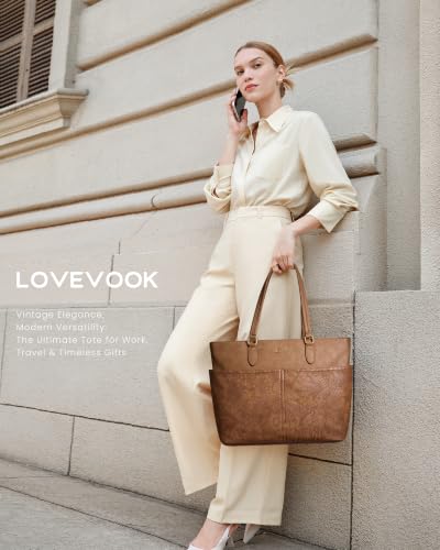 Image of LOVEVOOK Work Tote Bags for Women, Embossed Retro Leather 17.3 Inch Laptop Bag with Large Cup Holder, Teacher Nurse Medical Professional Computer Bag, Office Briefcase Handbag Gift