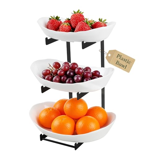 3 Tier Fruit Bowl for Kitchen Counter - Tiered White Fruit Stand Easy to Assemble & Clean Sturdy Plastic Fruit Storage Container for Fruits Vegetables Snacks Elegant Serving Bowl for Home & Party