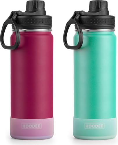 Image of koodee Water Bottle 2 Pack 26 oz Stainless Steel Double Wall Vacuum Insulated Metal Sports Water Bottle with Leakproof Spout Lid (Fuchsia Red-Teal)
