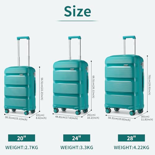 Image of Kono Luggage Set Hard Shell Travel Trolley with 4 Spinner Wheels TSA Combination Lock Lightweight Polypropylene Suitcase, Turquoise, 20 inch /24 inch /28 inch, Luggage Set