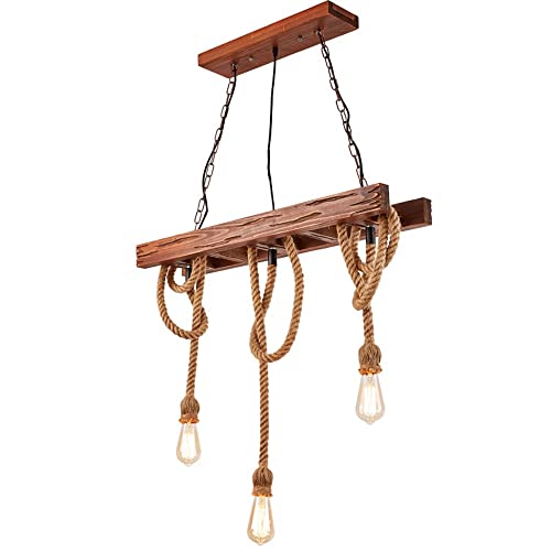 Lustre vintage pour éclairer une grande table sombre avec du bois rustique et de la corde