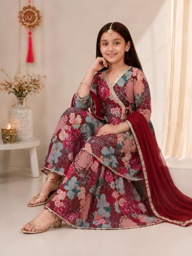 Image of Preneum Girls's Ethnic Cotton Bandhani & Lehariya Printed 3 /4 Sleeves Gotta Patti Angrakha Kurta with Sharara Set