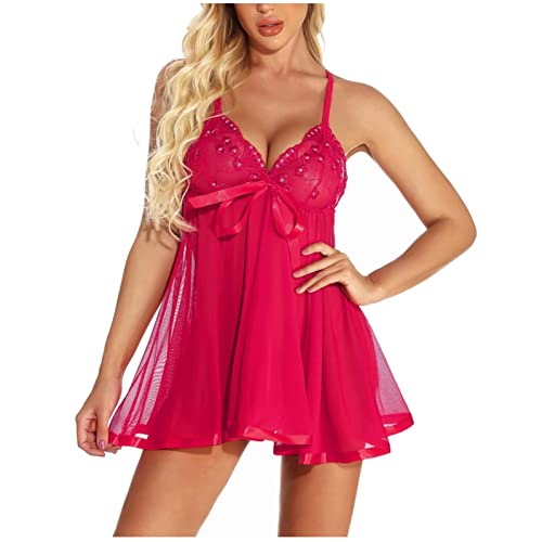 JRFT Große Größe Stickerei Nettogarn Spitze Nachtrock Nachtkleid Nachthemd Spitze Sleepwear Kleid Reizwäsche Für Sex Damen Babydoll Große Größen Damen Sexy Dessous Für Mollige Damen, Hot Pink, 6XL Cover