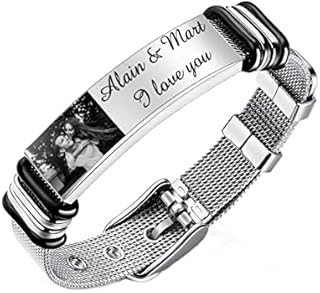 Bracelet for Mens Personalised Engraved Customize Photo & Text Men's ID Bracelet for Dad Husband Bracelets Adjustable Size for Men Women Lovers Valentine's Day Birthday Gift