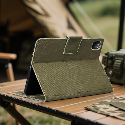 Étui pour iPad Pro 11 en toile robuste vert armée avec support réglable multi-angles