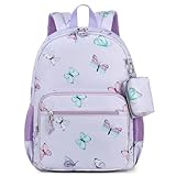 MyGreen Girls' Backpack for Elementary School, Large Capacity Kids' Butterfly Purple Backpack with Coin Bag