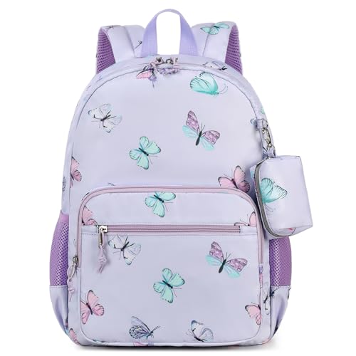 MyGreen Girls' Backpack for Elementary School, Large Capacity Kids' Butterfly Purple Backpack with Coin Bag