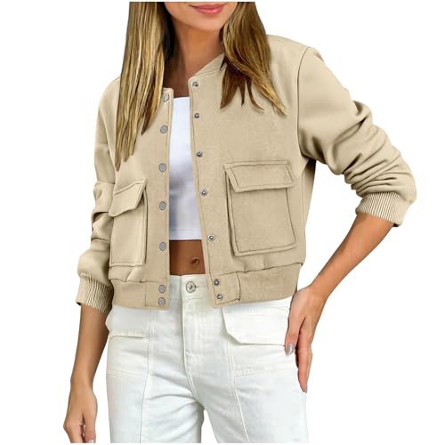 Image of Saxrel Womens Cropped Stand Collar Jacket Beige Winter Cuffed Sleeve Jacket Plus Size Lightweight Shacket Coat with Side Pocket Button Baseball Outerwear