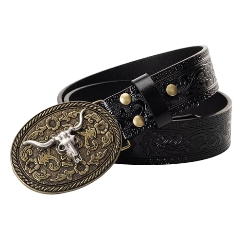 Image of Western Cowboy-Belts for Women Big-Buckle Longhorn-Bull PU-Leather Rodeo Cowgirl-Belt Engraved Floral - Waist 25-38 inch