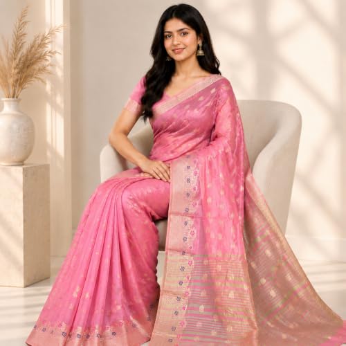 Image of Sarees for Women Wear Organza Silk Banarasi Sari Kanjivaram Soft Pure Paithani Wedding Original Kanchipuram Pattu Sadi with Blouse Piece 2026 (Gulab)