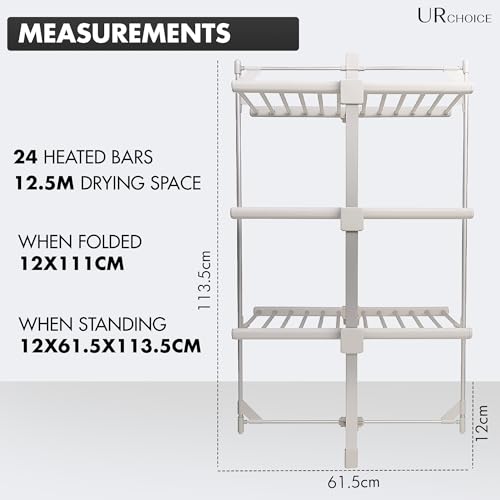 UR CHOICE 3-Tier Electric Heated Clothes Airer, 24-Bar Aluminium 12.5M Electric Drying Rack, Foldable Energy Efficient Indoor Clothes Horse Rack for Towels & Bedding - Image 2