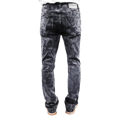 Men's Floral Print Straight Leg Skinny Elastic Force Jeans, Black Gray Acid Wash Denim, Vintage Style Pattern4