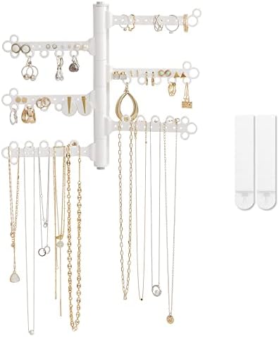 All Hung Up 6-Tier 8" Wall Jewelry Organizer : Command Strips included for easy hanging : 60 Earring Organizer Holes : Necklace Organizer : Bracelet Holder : Ring Holder : Rotating Branches (White)