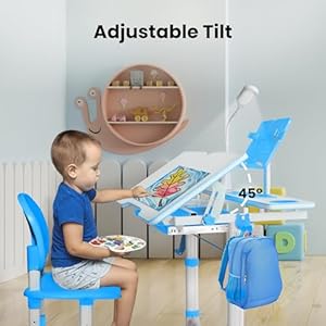 Gorilla Gadgets Kids Table and Chair Set, Height Adjustable Children's Study Desk - for Baby Bedroom, Game Rooms, Night Light Included (DSK-Kids-BLU) Gorilla Gadgets Kids Table and Chair Set Height Adjustable Childrens Study Desk for Baby Bedroom Game Rooms Night Light Included DSK Kids BLU