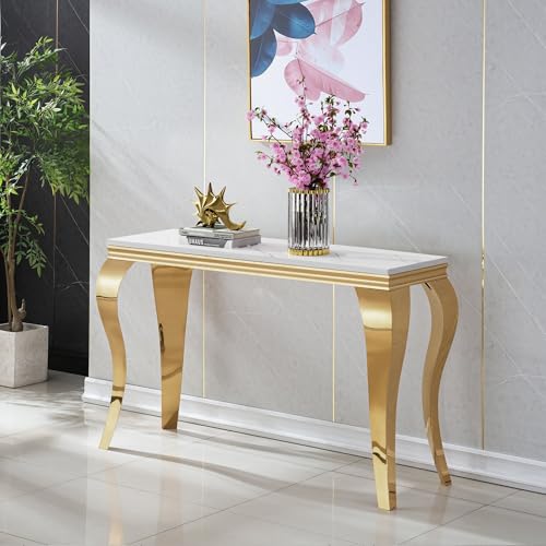 Image of Luxury Marble Console Table, White Faux Marble Top, Gold Stainless Steel S Legs, 46.8 inch Sofa Console Table Behind Couch, Modern Entryway Table for Hallway, Entrance, Foyer, Living Room