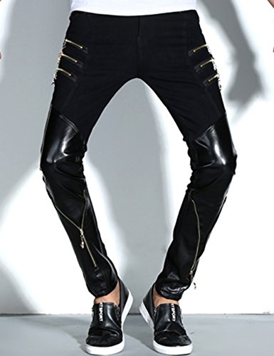 Rock Punk Men's Zippers Patch PU Leather Hip Hop Skinny Motocycle Pants3