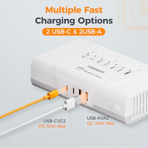 Image of TESSAN 600W Pure Sine Wave 220V to 110V Voltage Converter | US to Europe, 4 USB Ports PD 35W QC 30W, EU /UK /AU /IT /India Plug Adaptor, Step Down Transformer, Universal Travel Adapter