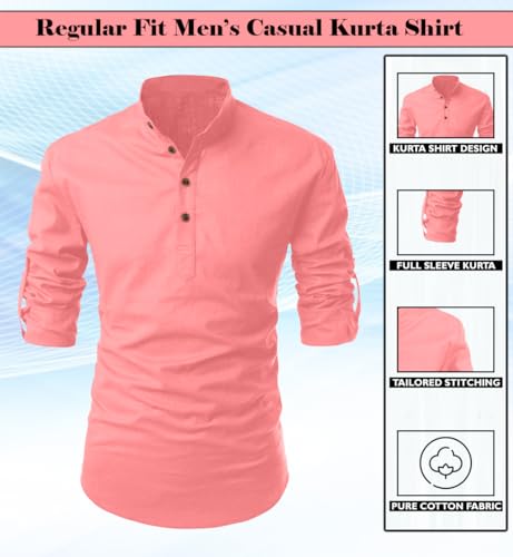 Image of FINIVO FASHION Men's Cotton Blend Solid Full Sleeve Short Kurta Shirt, Regular Fit Solid Pattern Mandarin Collar Straight Kurta Shirt