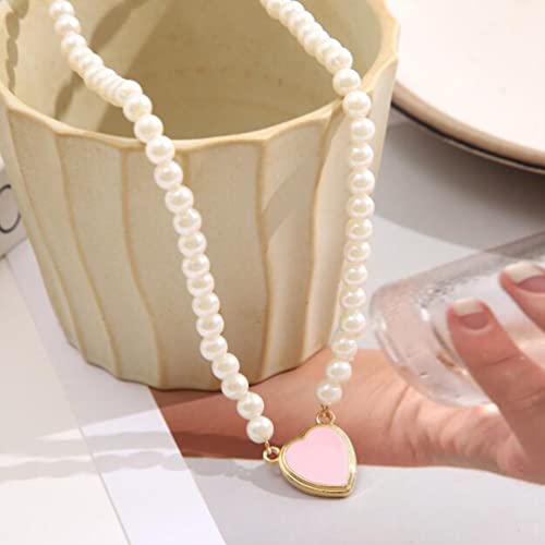 Pink Green Heart Beaded Necklace Baroque Pearl Heart Pendant Necklace 2-Pack Jewelry Gifts For Women Girls #TOP6