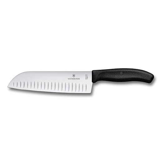 Victorinox Swiss Classic Santoku Knife, Asian-Style Knife, Extra-Sharp Blade, Bevelled Edge, 17 cm, Stainless Steel, Blister, Black