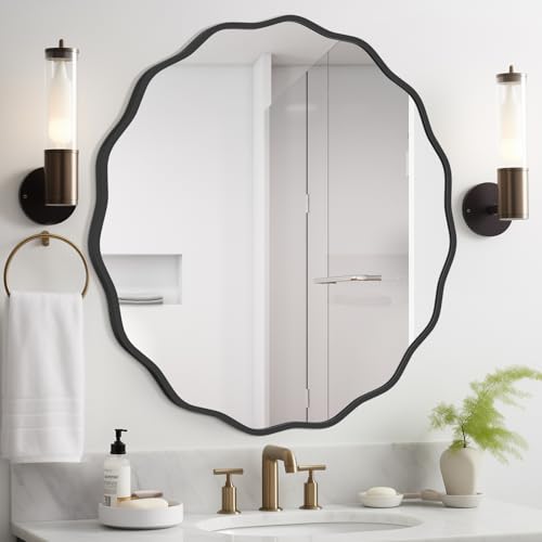 Image of WallBeyond Round Wavy Mirror for Wall Decorative 32 inch, Modern Round Mirror Aluminum Frame for Bathroom Bedroom Living Room Home House Office Entryway, Black