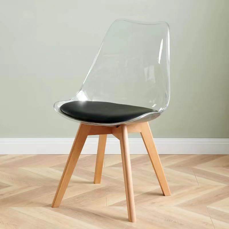 Modern Dining Chair, Clear Acrylic Back with Leather Black Cushion, Natural Wood Legs, Scandinavian Style TRANSPRANT TOP Black SEAT Wooden Legs (1)-image-15