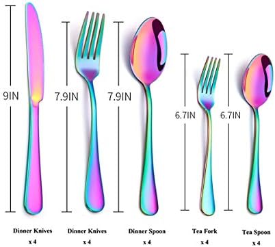 Rainbow Flatware Set Colorful Stainless Steel Silverware Dinnerware Set, Colored Tableware Set for 4, 20-piece flatware Set Service for 4, Include Knife/Fork/Spoon/Teaspoon/Fruit fork (rainbow 20 piec