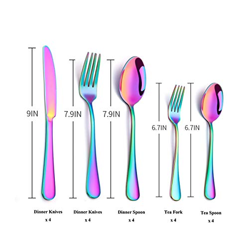 Rainbow Flatware Set Colorful Stainless Steel Silverware Dinnerware Set, Colored Tableware Set for 4, 20-piece flatware Set Service for 4, Include Knife/Fork/Spoon/Teaspoon/Fruit fork (rainbow 20 piec