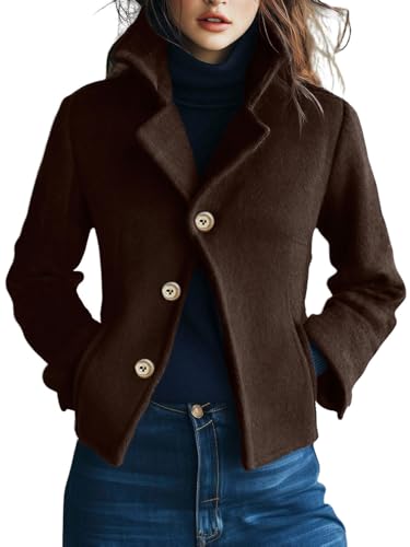 Image of CHARTOU Women Short Plaid Wool Blend Jacket Crop Woo Blazer Pea Coat Crop Winter Outwear (XX-Large, Solid Brown)