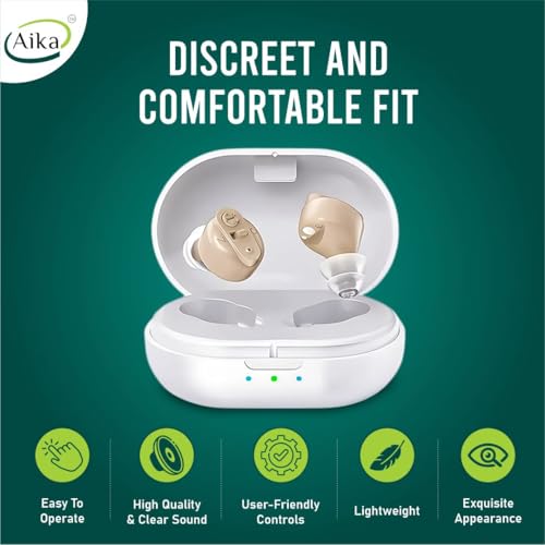 Image of Aika AG-7901 Mini Rechargeable CIC Digital Hearing Aid Sound Amplifier Machine for Old age with Auto Noise Cancellation, Clear Sound and Dry Kit (For Both Ear, Beige)