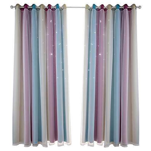 ELAYARD 2 Piezas Cortinas Dormitorio Doble Capa con Aislamiento Térmico y Diseño de Estrellas Cortinas Hogar para Salón y Ventana Púrpura