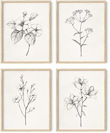 HAUS AND HUES Grey Floral Wall Art - Set of 4 Plant Posters for W...