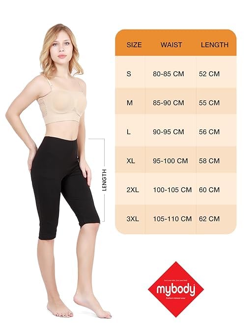 Image of mybody Women's Cotton Knee Length Cycling Shorts | Stretchable Breathable Biker Gym Yoga Workout Shorts | Mid Waist Athletic Fit