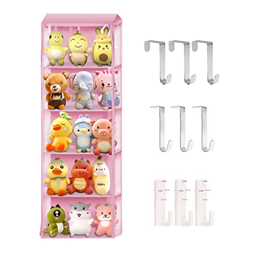 Stuffed Animal Organizer, Hanging Over The Door Stuffed Animal Organizer With 5 Clear Dust-Proof Pocket Organizer For Display Kid's Toys(Pink) #TOP7