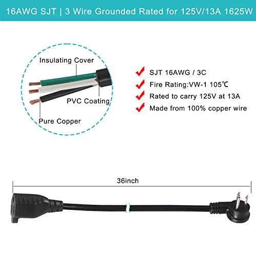 3Ft Low Profile Flat Plug Extension Cord -Low Profile Angle Flat Plug 3 Prong Grounded Low Profile Extension Cord Black Indoor Ac Extension Cord Sjt 16Awg Heavy Duty Flexible Power Cord (3Ft) #TOP1
