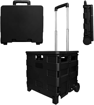 Berry 40L Foldable Shopping Trolley, Plastic Trolley Cart with 2 Wheels and Lid, Portable Cart with Telescopic Handle, Multipurpose Utility Cart for Shopping, Teacher - Black