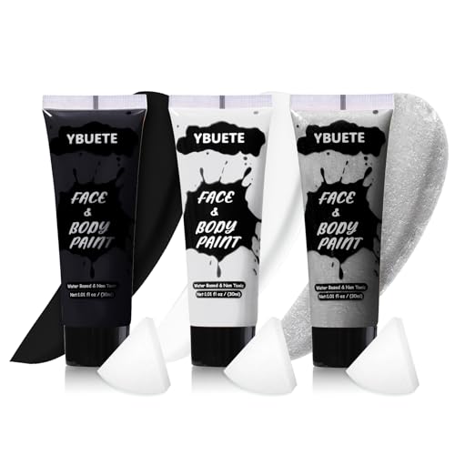YBUETE 3Pcs Face Body Paint, Professional Paint for Halloween Costume Cosplay Party, Multi-Color Full-coverage Cream Makeup Body Paint for Adult Halloween Cosplay SFX Makeup Paint (White+Black+Silver)