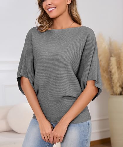 Image of MAKARTHY Womens Batwing Sleeves Knitted Dolman Pullovers Boat Neck Tops Sweatershirts