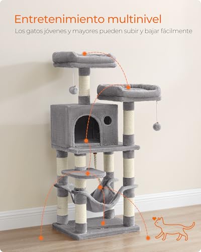 Miniatura 3 de Feandrea Árbol Para Gatos De Altura 112 Cm, Torre Para Gatos, Con 11 Postes Rascadores, 2 Plataformas, 1 Cueva, 1 Hamaca, 2 Pompones, Tela De Felpa, Multinivel, Gris Claro Pct215w01