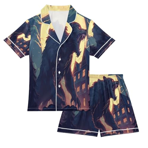ALAZA Wolf Moon House Satin Pajamas Set Short Sleeve Button Down Sleepwear Summer Pjs 2 Piece