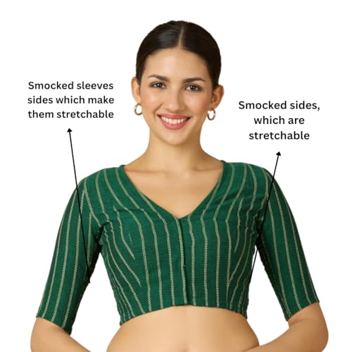Image of Studio Shringaar Women Cotton Half Sleeve Side Stretchable (Smocked) Readymade Saree Blouse