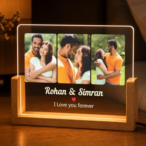 Image of Giftplease Personalized LED Acrylic Photo Frame with Custom Picture and Name, Romantic Couple Night Lamp, Wooden Base USB Table Decor, Anniversary Memory Display, Bedroom Home Accent Piece