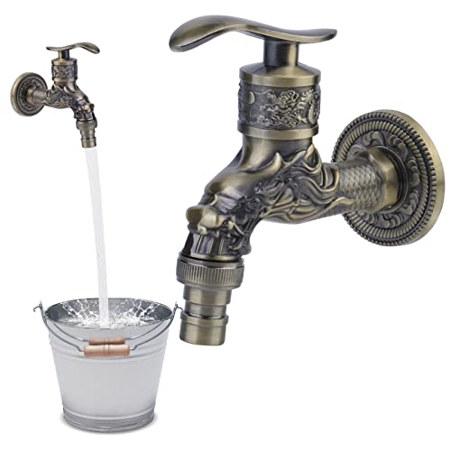 Nizirioo Rubinetto antico da 1/2 pollici a parete – Drago intagliato in ottone vintage per bagno, cucina, giardino