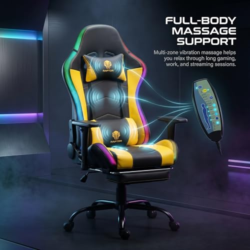 Image of RAPTOR NEXUS RGB Gaming Chair with Bluetooth Speakers, Full-Body Multi-Zone Massage, Recliner with Footrest, 3D Armrests & LED Lighting | Ergonomic PU Leather Gaming Chair for Gaming & Office (Yellow)