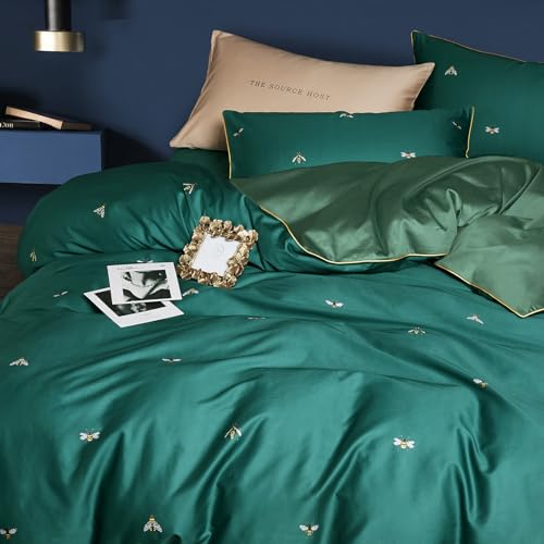 mixinni Dark Green Duvet Cover King Size, 100% Long Staple Cotton Honeybee Floral Pattern 3pc Bedding Duvet Cover Set with Zipper Ties 2 Pillowcases Perfect for Him and Her-King Size by mixinni - Used condition - Image 2